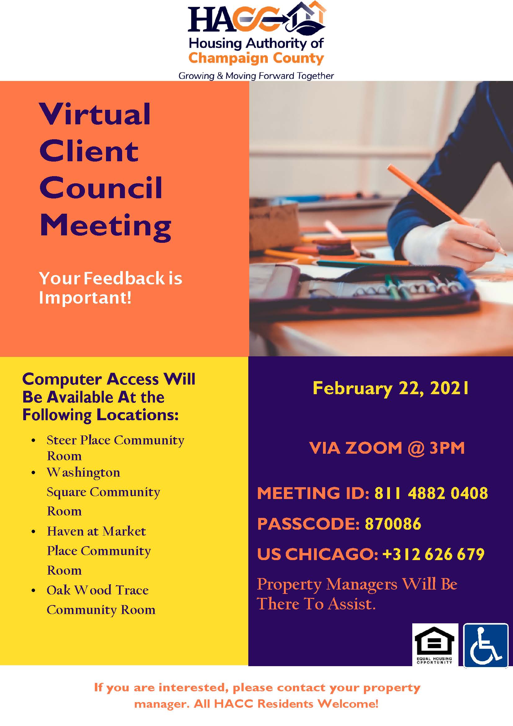Virtual Client Council Meeting flyer, all information as listed below.