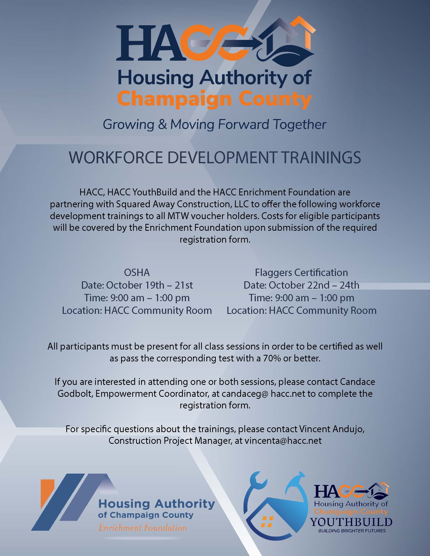 Workforce Development Trainings flyer, all information as listed below.