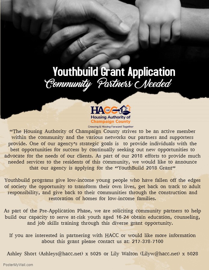 YouthBuild Grant Community Partners Needed flyer, all information as listed below.