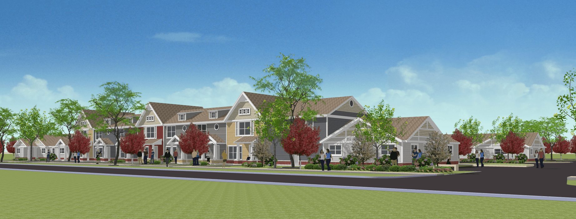 illustration of a new planned community with mixed 1 and 2 story homes & duplexes