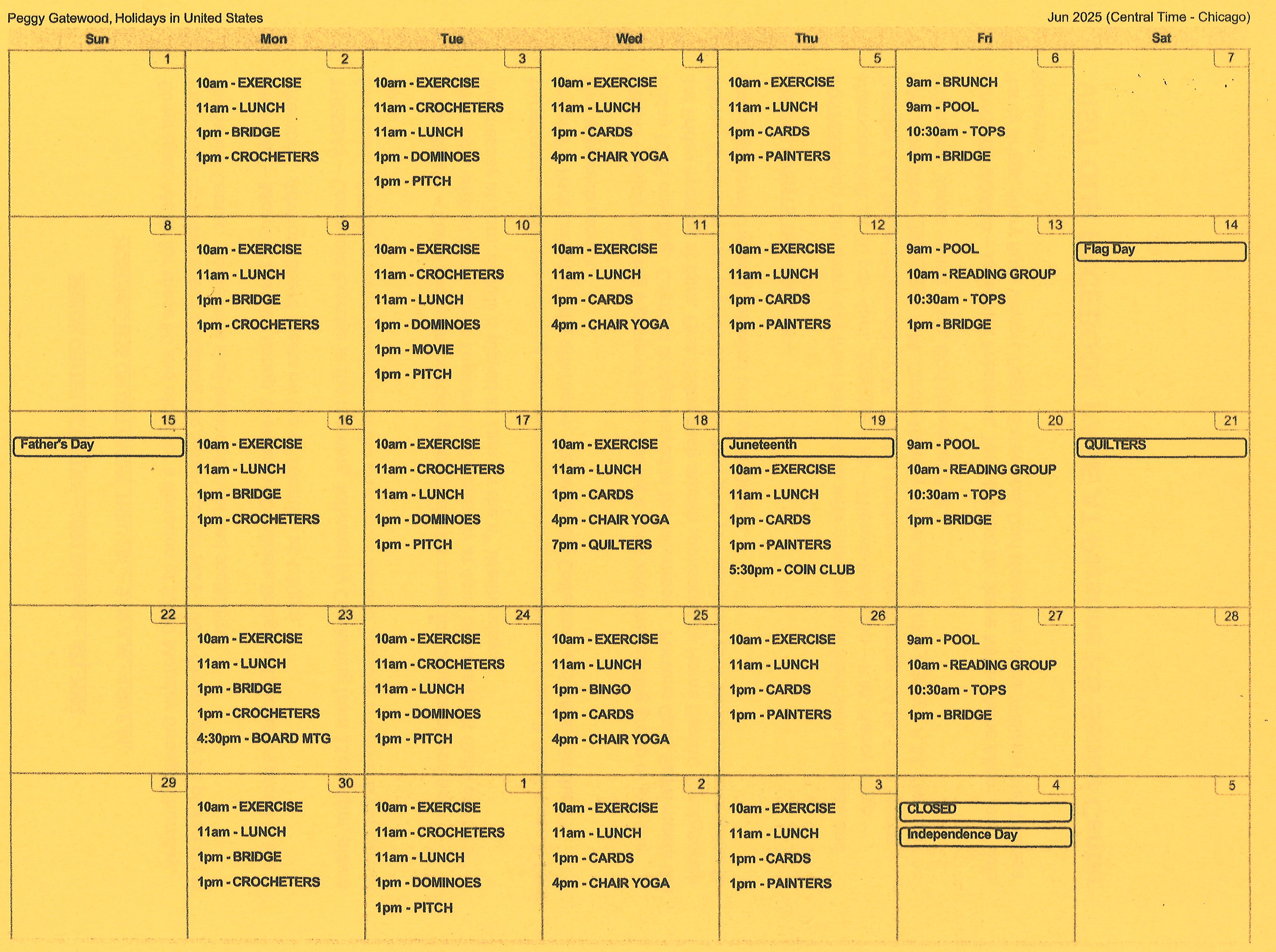 Senior Center June 25 calendar