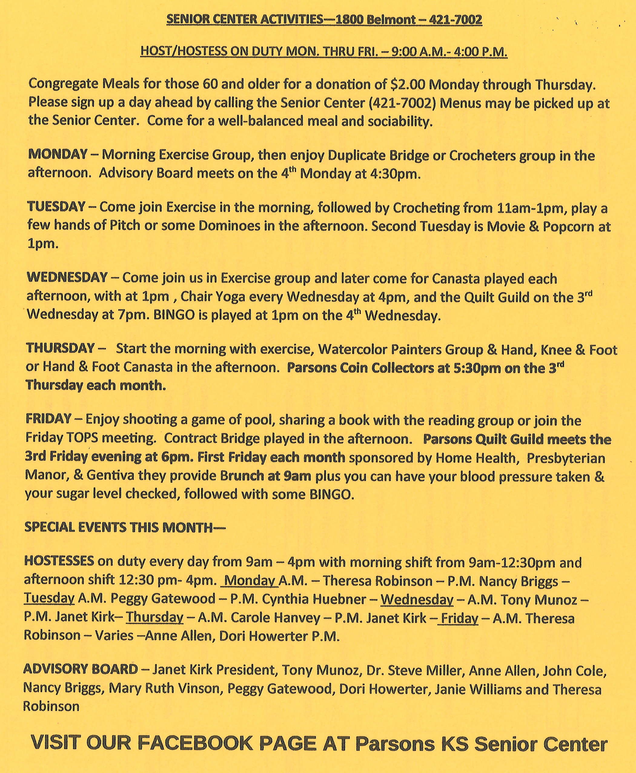 Senior Center Calendar back page