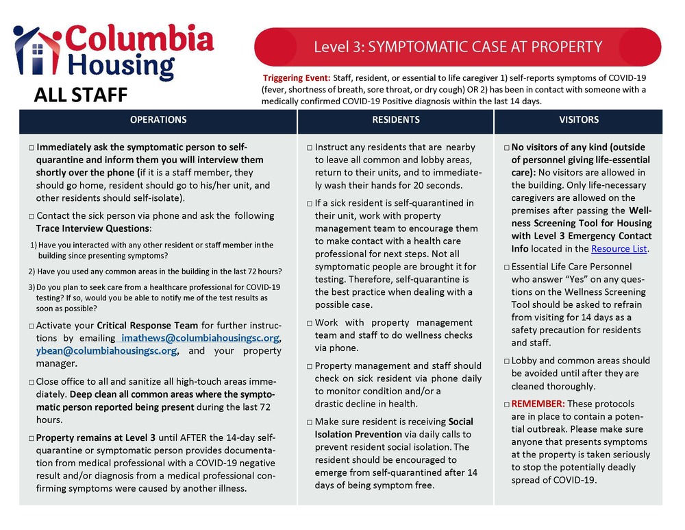 COVID-19 RESPONSE PLAN FOR CONFIRMED CASES FLYER Page 1. All information on this flyer is listed above.