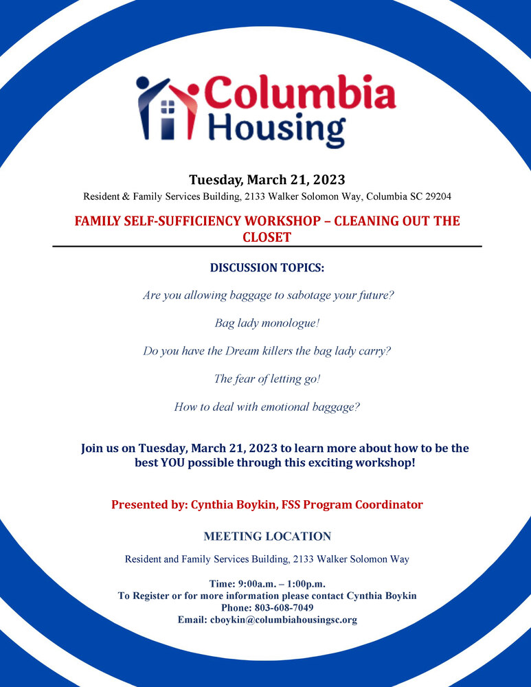 Resident & Family Services Workshop flyer, all information as listed below.