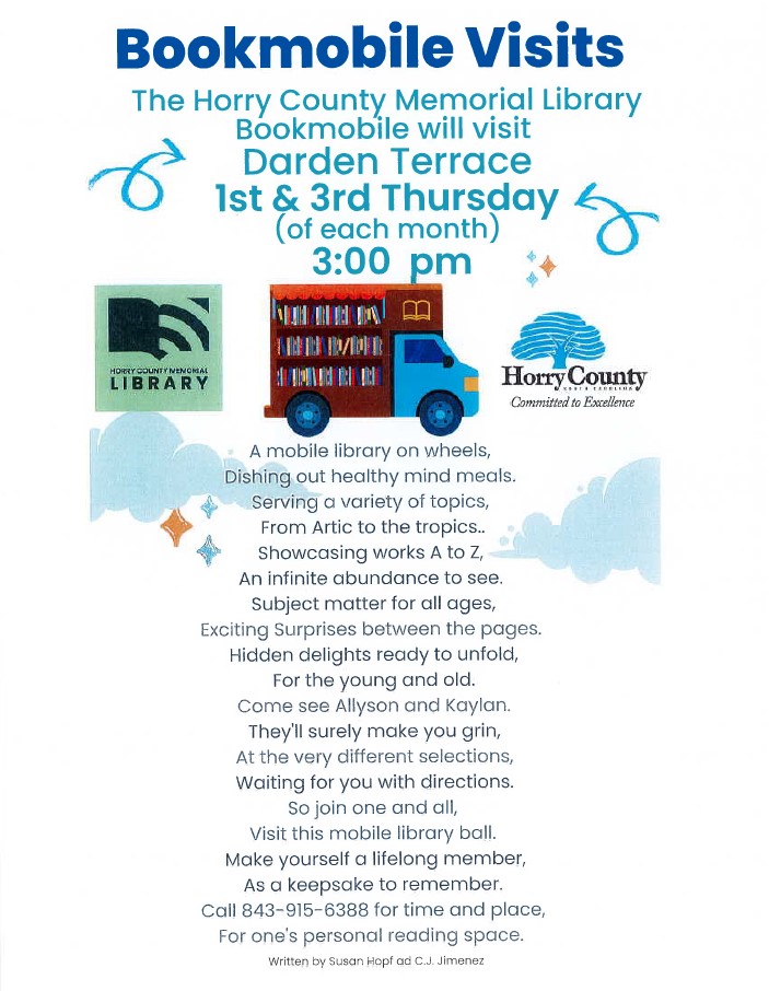 Bookmobile Visits Darden Terrace Flyer. All information from this flyer is listed above.