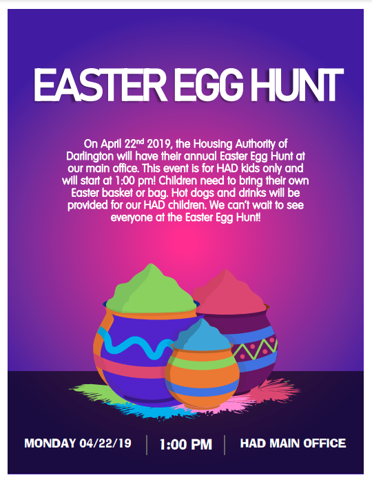 Easter Egg Hunt Flyer. All information on flyer is listed above.