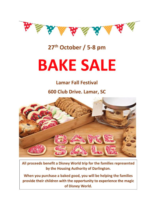 Bake Sale at the Lamar Fall Festival Flyer. All information on flyer listed above.