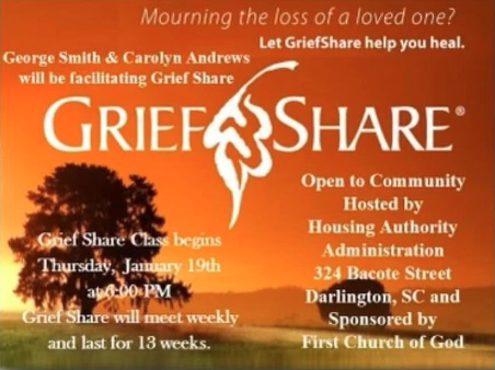 Grief Share Flyer. All information on flyer is listed above.