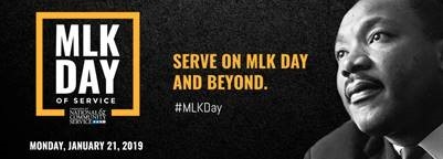 MLK Day of Service. Monday, January 21, 2019. Serve on MLK Day and Beyond. #MLKDay.