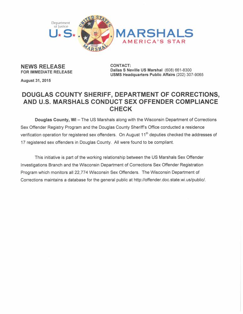 US marshals News Release - Douglas County Sheriff, Department of Corrections, and US Marshals Conduct Sex Offender Compliance Check