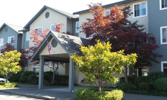 Front entrance of a medium sized building.