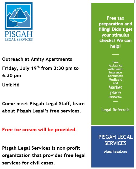 Amity Apartments Outreach Flyer. All information on this flyer is listed above.