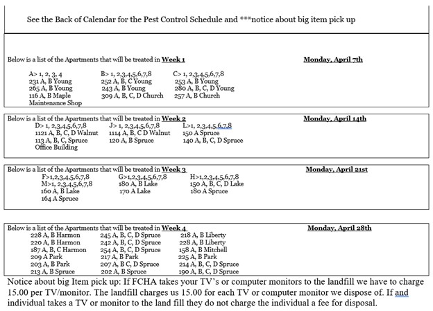 April 2025 Pest Control Schedule. All information on this schedule is listed above.