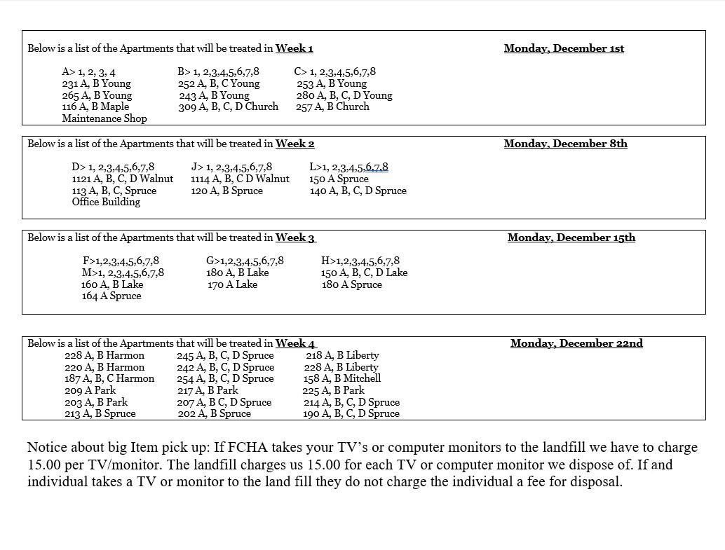 December 2025 Pest Control Schedule. All information as listed above.