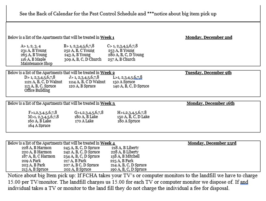 December 2024 Pest Control Schedule. All information on this calendar is listed above.