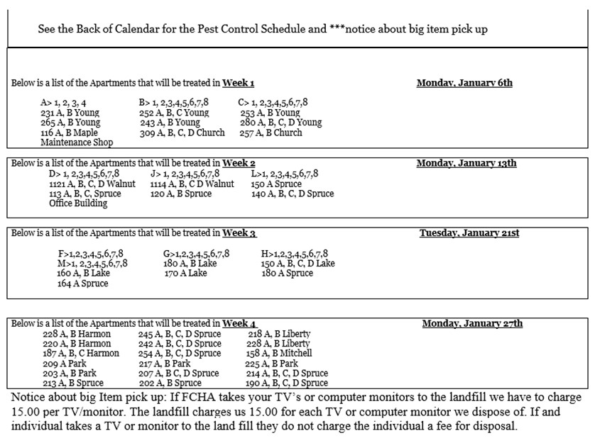 January 2025 Pest Control Schedule. All information on this calendar is listed above.