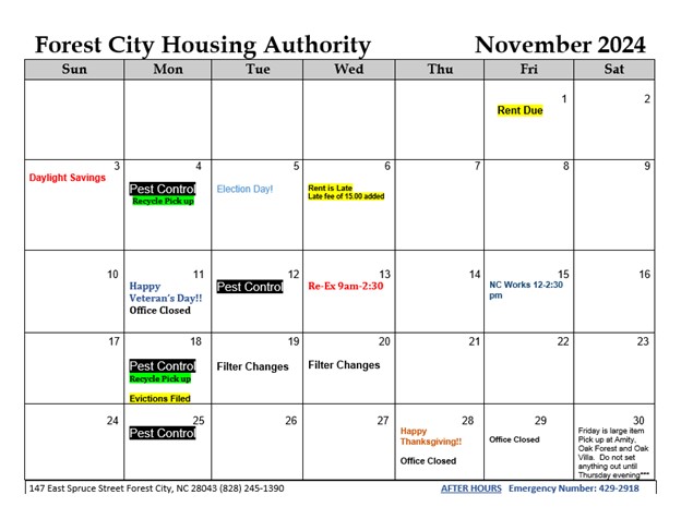 November 2024 Monthly Calendar. All information on this calendar is listed above.