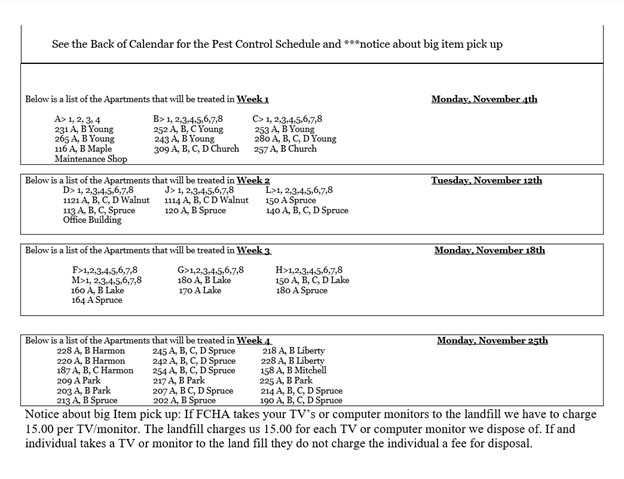 November 2024 Pest Control Schedule. All information on this schedule is listed above.