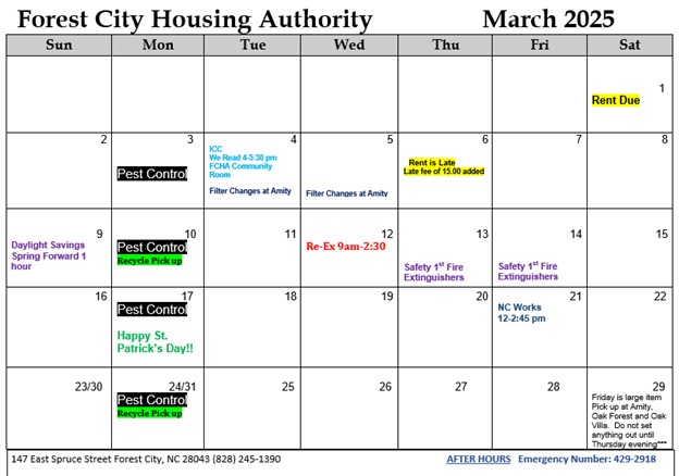 March 2025 Monthly Event Calendar. All information on this calendar is listed above.