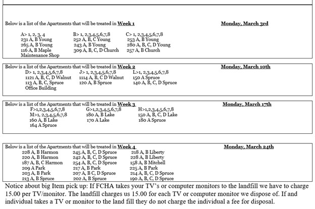 March 2025 Pest Control Schedule. All information on this schedule is listed above.