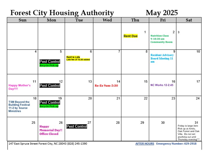 May 2025 Monthly Event Calendar. All information on this calendar is listed above.