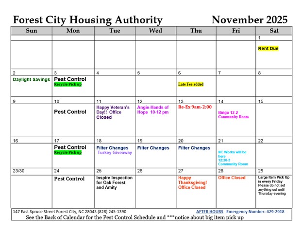 November 2025 Monthly Event Calendar. All information on this calendar is listed above.