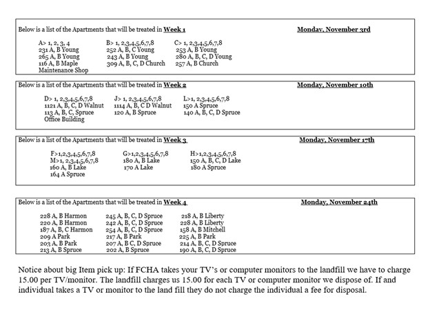 November 2025 Pest Control Schedule. All information on this schedule is listed above.