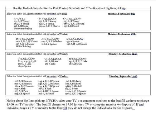 September 2025 Pest Control Schedule. All information on this schedule is listed above.