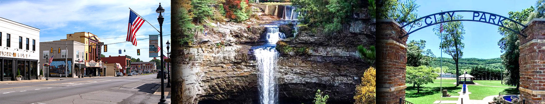 Collage of three images including downtown Fort Payne, a water fall and a City Park sign