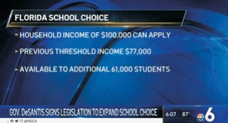 Florida School Choice. Household income of $100,000 can apply. Previous threshold income $71,000. Available to additional 61,000 students.