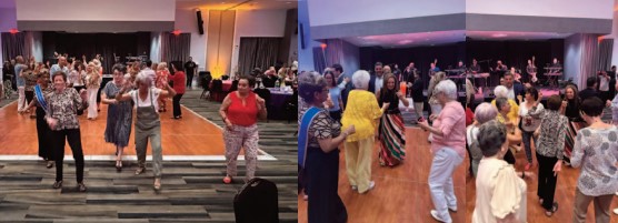 A group of seniors dancing in a large room.