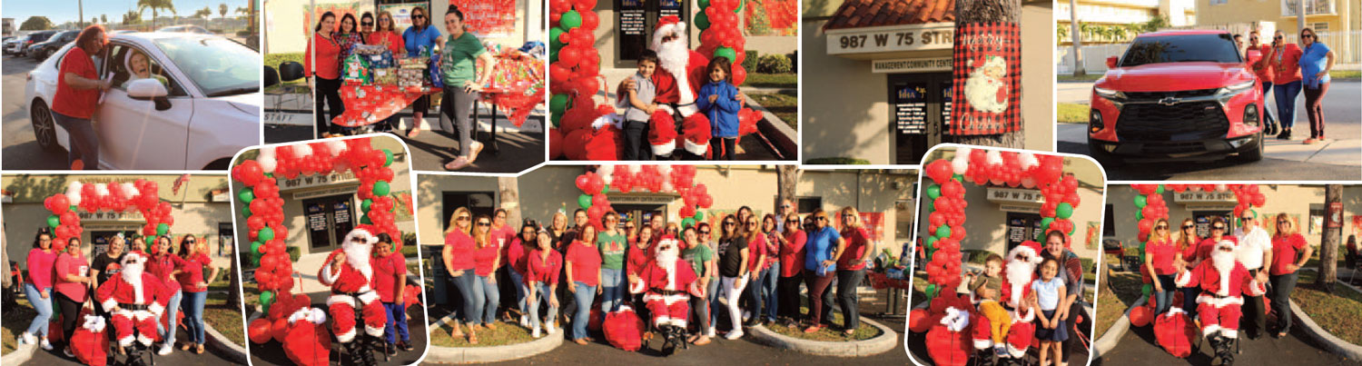 Various photos of individuals handing out toys for Christmas.