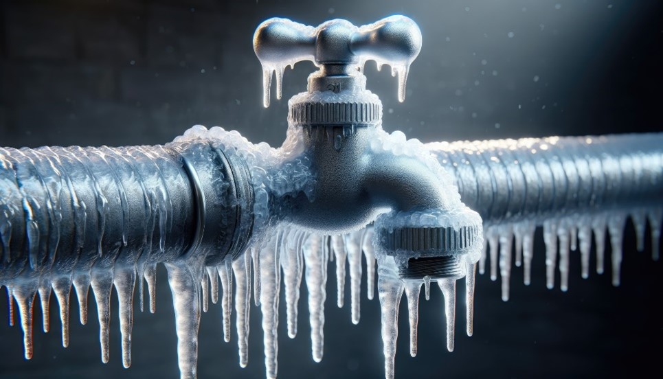 Faucet and pipes covered in ice.