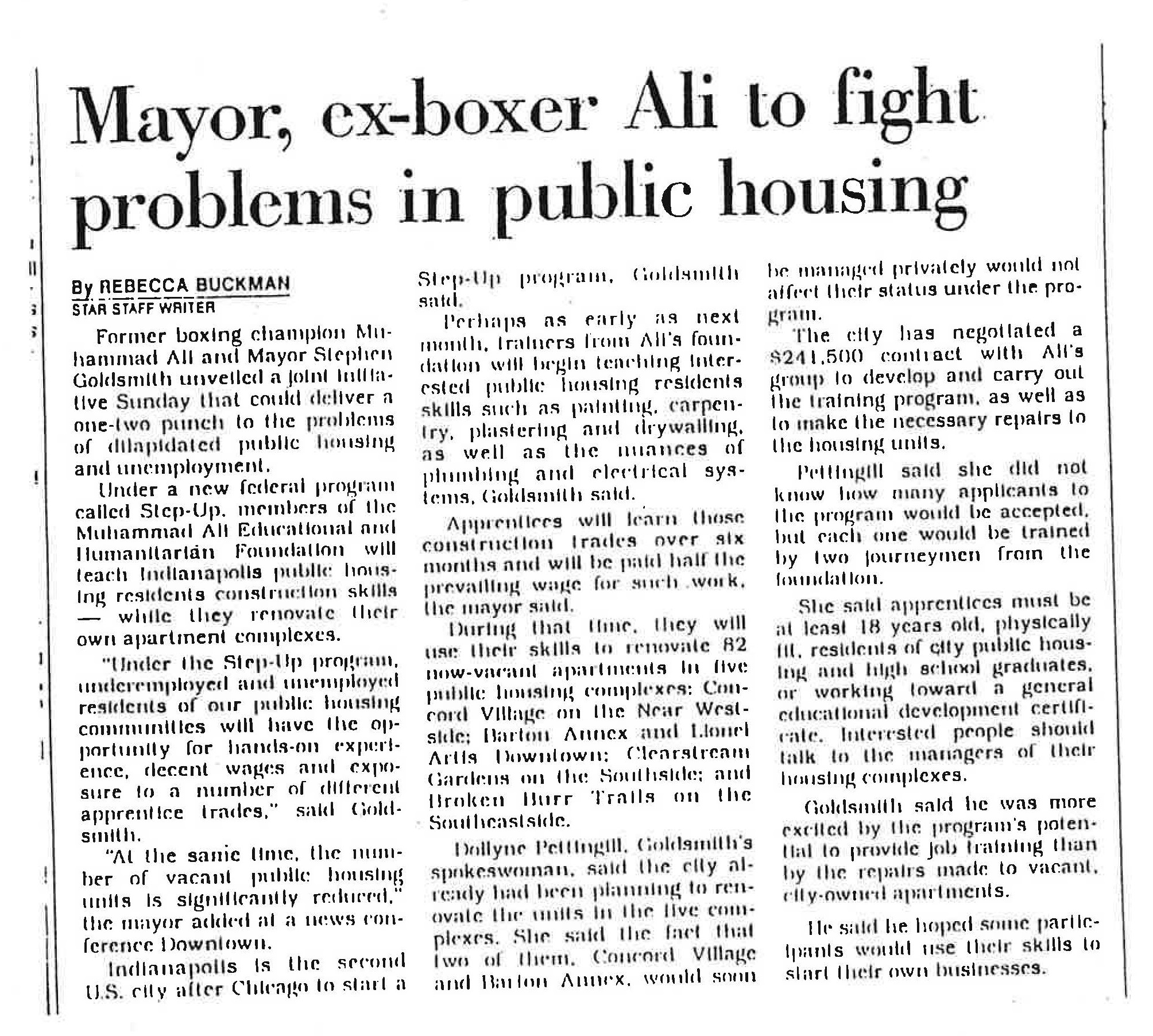 Mayor, ex-boxer Ali to fight problems in public housing newspaper clipping.