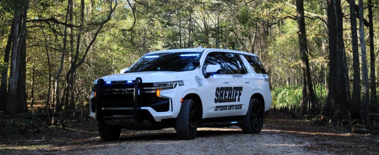 Sheriff SUV on a dirt road in the woods.