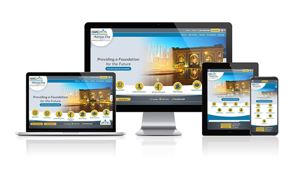 Responsive website views of the Housing Authority of Kansas City Missouri's website.