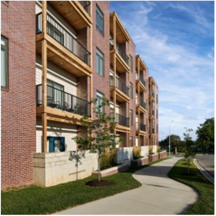 Apartment complex with red brick.