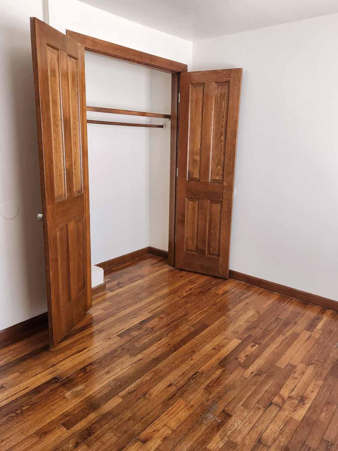 A bedroom with a large closet.