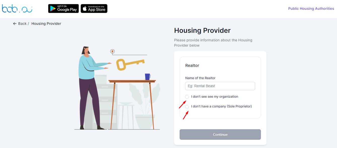 Housing provider information page show arrows pointing to checkbox fields.