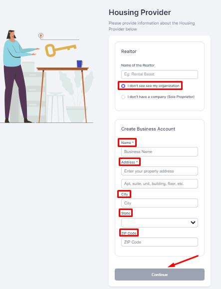 Housing provider business web page with red boxes highlighting I dont see my information, Name, Address, City, State, Zipcode, and an arrow pointing to a continue button.