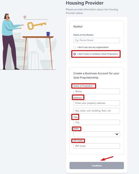 Housing provider business web page with red boxes highlighting I dont have a company sole proprietor, Name, Address, City, State, Zipcode, and an arrow pointing to a continue button.