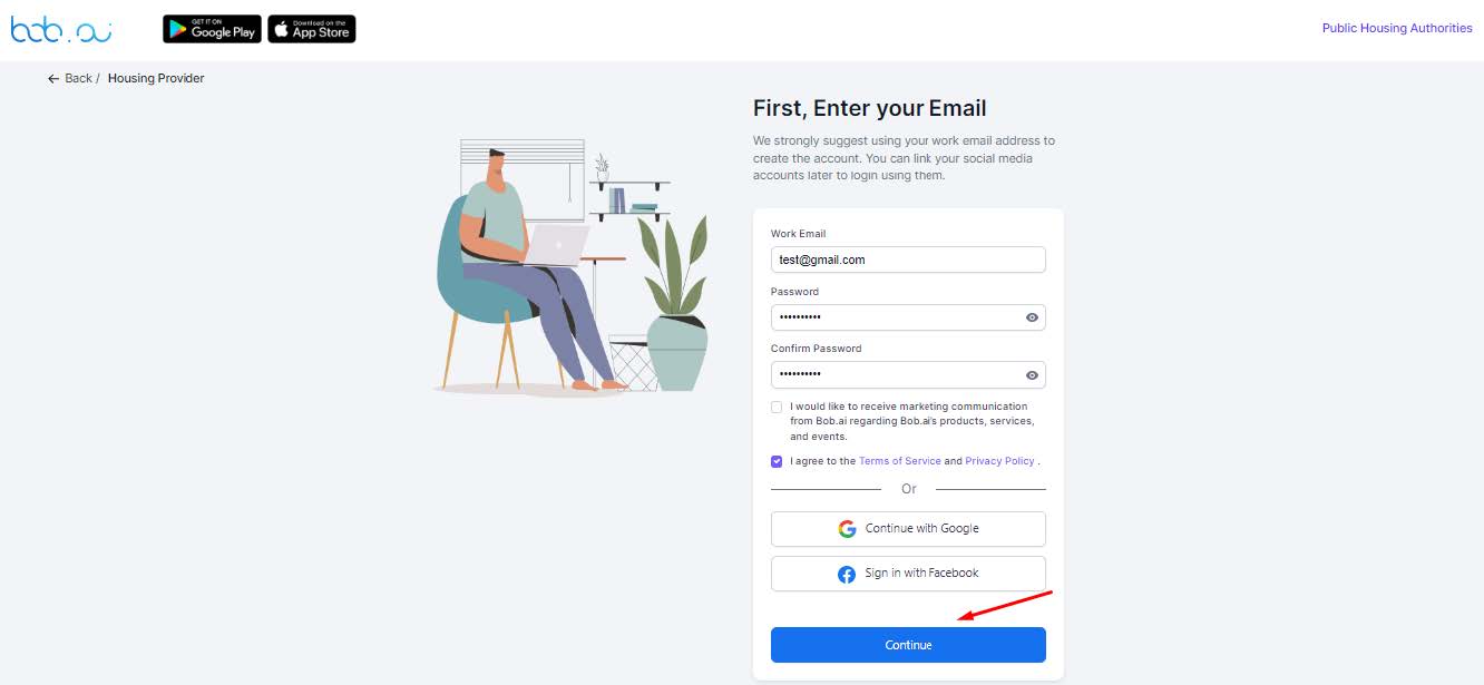 Bob.ai sign up page with an arrow pointing to the continue button.