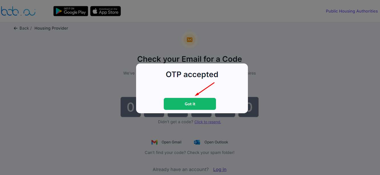 Webpage showing the OTP accepted pop up box.