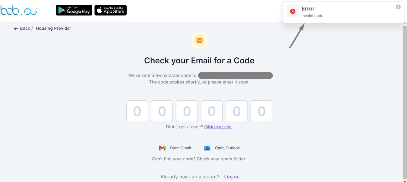 Bob.ai check your email for a code page, with an arrow pointing to an error message.