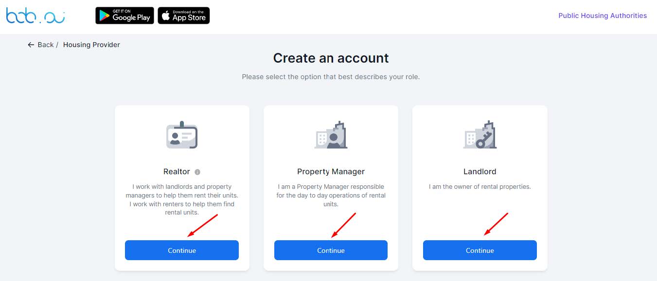 Create an account page with arrows pointing to the Realtor, Property Manager, and Landlord continue buttons.