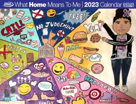 What Home Means To Me 2023 calendar cover. Artwork of a girl pointing at things that mean home to her.