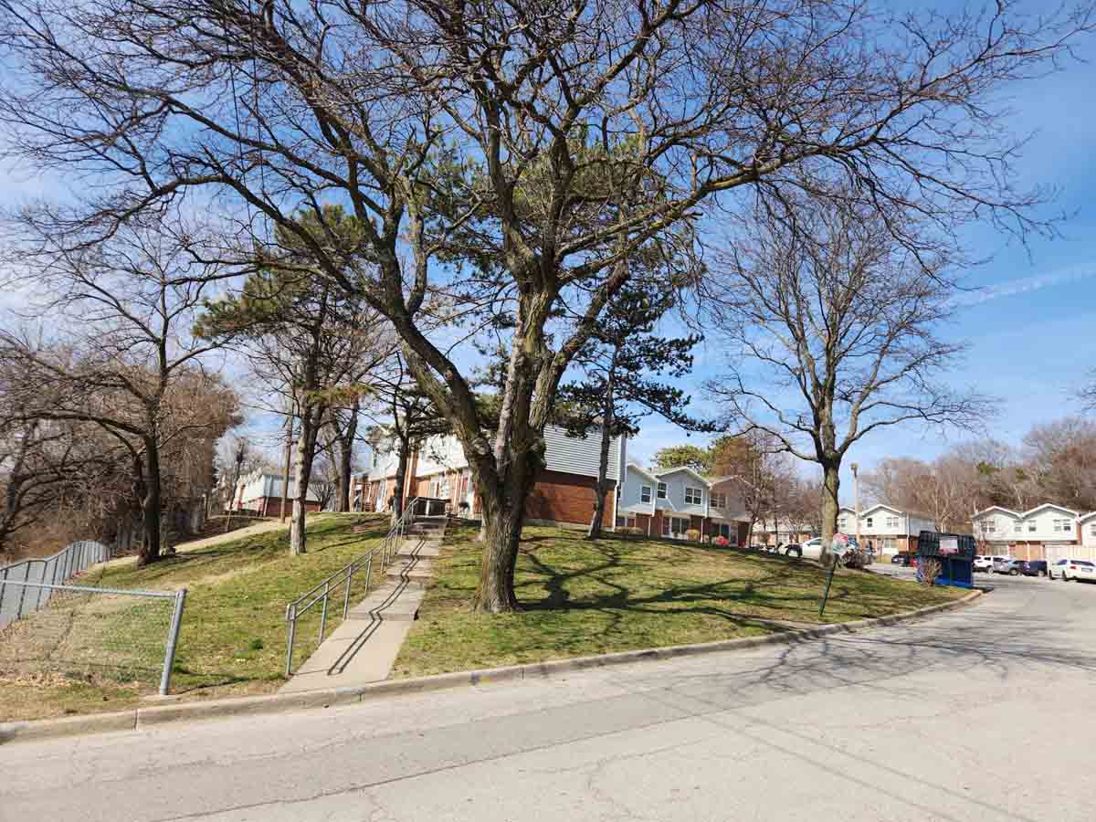 A home with trees in around the front exterior.