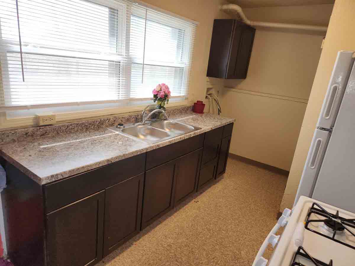 A kitchen sink with marble countertops.