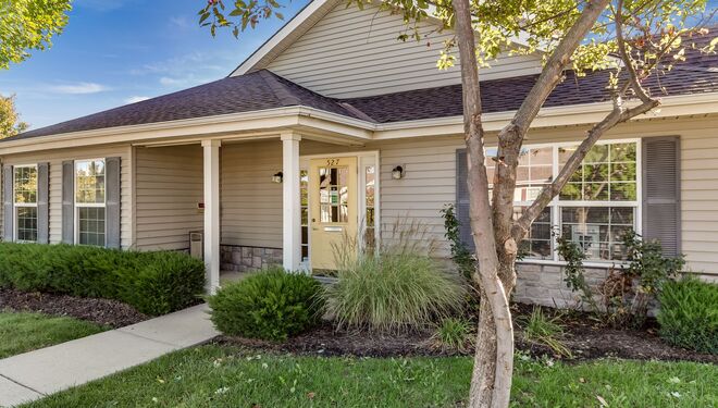 A home with gray vinyl siding and a tree in the yard.