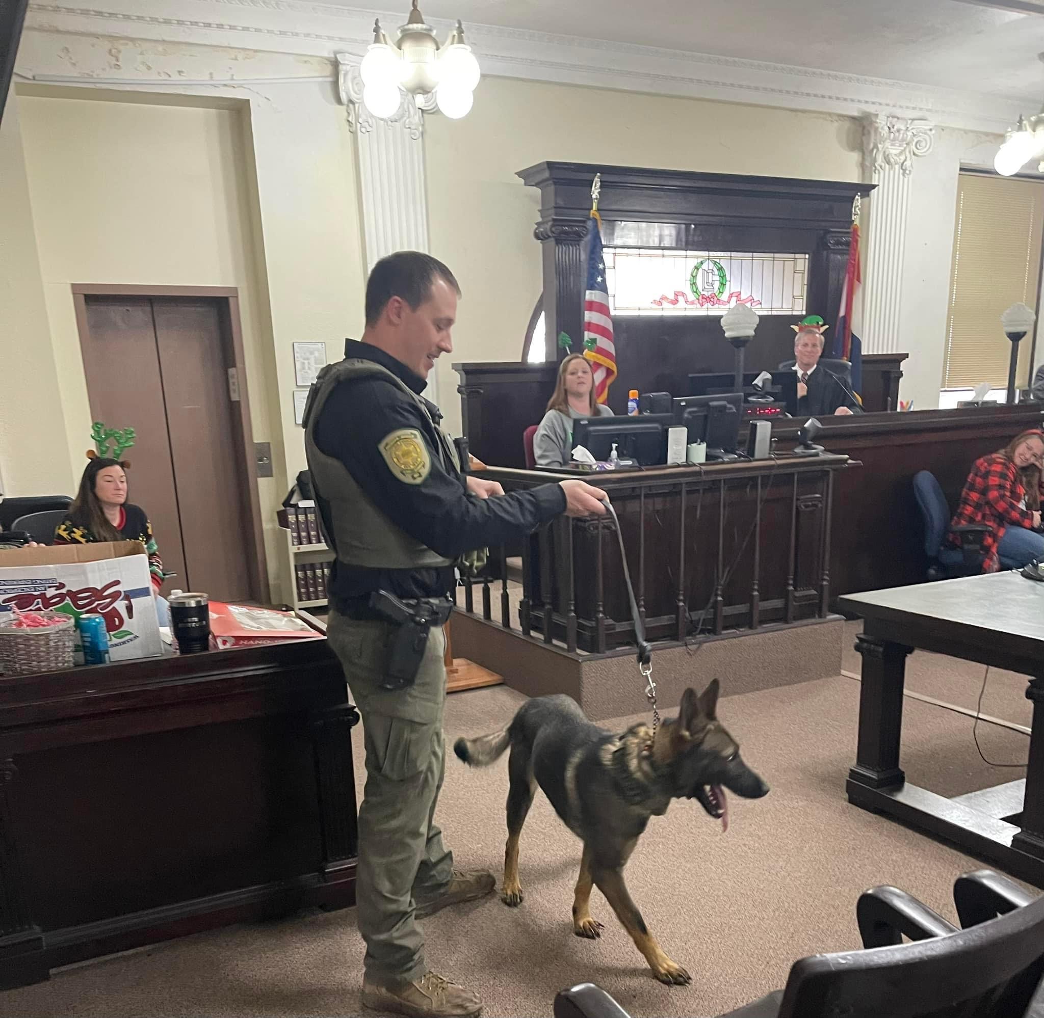 Sheriff Henke and K9 Zlatyi keeping the courtroom secure